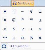 Inserire caratteri speciali e simboli Per inserire simboli o caratteri speciali non presenti sulla tastiera, nella scheda Inserisci della barra multifunzione c è il pulsante Simbolo che attivato