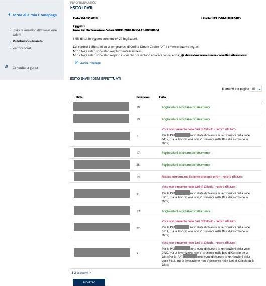 Figura 3.7 Retribuzioni Inviate Dettaglio esito invio Gli elementi segnalati in rosso risultano rifiutati e l utente può effettuare la correzione con un nuovo invio.