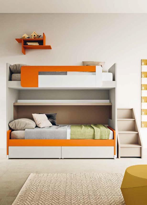 SALVASPAZIO Letto In-Out con protezione Bold, pedana posteriore con scaletta laterale, letto inferiore estraibile con cassettoni.