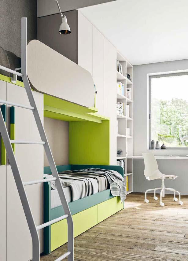 SALVASPAZIO SOLUZIONI SALVASPAZIO Armadio battente con maniglia N01-N03 + libreria a spalla + scrittoio inserito su di essa + letto Soppalco con protezione Ellisse + letto inferiore Harlem estraibile