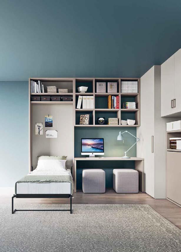 SALVASPAZIO 292 R38 SOLUZIONI SALVASPAZIO Armadio Corner con maniglia N05 + ponte autoportante prof 480mm + letto Vagone singolo libreria a spalla sospesa + scrittoio lineare + letto Vertical Magic.