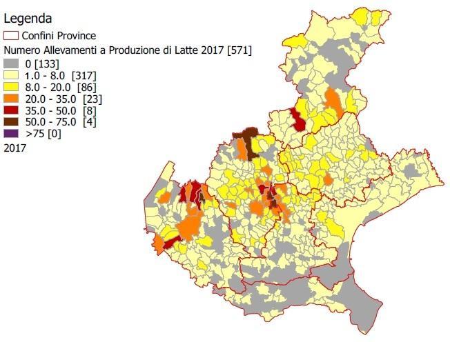 Figura 2 Evoluzione del numero di allevamenti ad indirizzo da latte nei comuni veneti anni 2007-2017 Anno 2007 Anno 2010 Anno 2014 Anno 2017 E ben evidente l effetto polarizzazione degli allevamenti