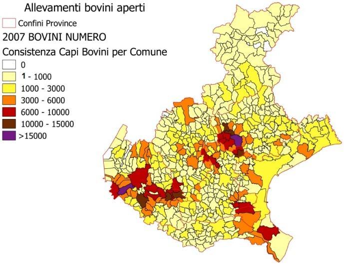 Il grafico 6 mostra tre aree di maggiore concentrazione: i comuni intorno e a sud di Verona, quelli compresi tra Vicenza e Treviso e alcuni del basso Polesine.