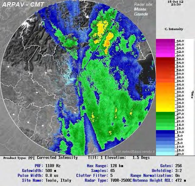 h 21:30 UTC (22:30 solari) di lunedì 15: le precipitazioni sono cessate ad ovest, persistono ad