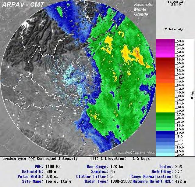 h 23:40 UTC di lunedì 15 (00:40 solari di martedì 16): precipitazioni assenti sulle zone centro