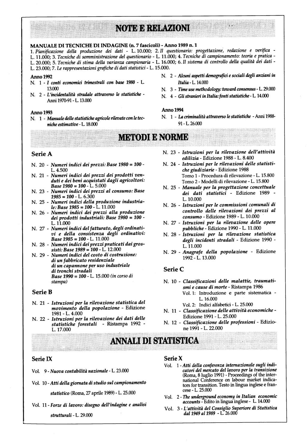 MANUALE DI TECNICHE DI INDAGINE (n. 7 fascicoli)- Anno 1989 n. l l. Pianificazione della produzione dei dati - L. 10.000; 2. Il questionario: progettazione~ redazione e verifica - L. 11.000; 3.