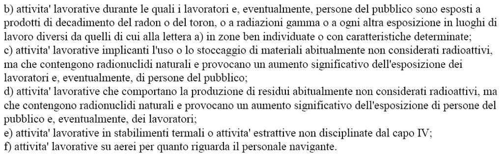 ESPOSIZIONE A SORGENTI NATURALI DI RADIAZIONE DL 241/2000 Art 5 Attivita lavorative nelle quali la presenza di sorgenti di radiazioni naturali conduce ad un aumento significativo dell esposizione dei