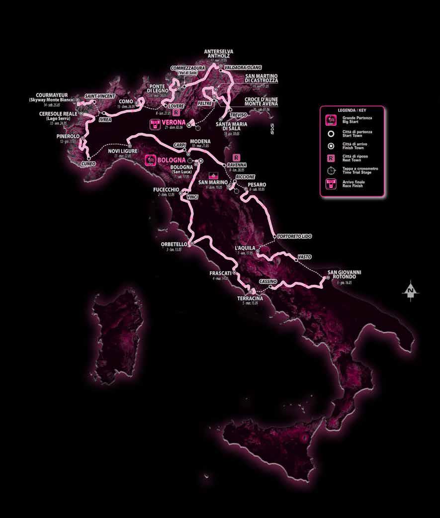 il percorso uno dei più duri degli ultimi anni partenza da Bologna e arrivo a Verona con due tappe a cronometro individuali 21 tappe tutte su suolo italiano, con l unico sconfinamento nella