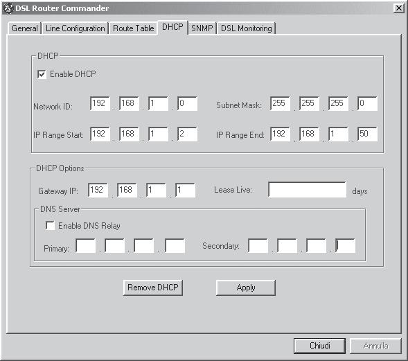 DHCP 5. DHCP Tramite questo pannello di configurazione è possibile, aggiungere, modificare, rimuovere o visualizzare il server DHCP.
