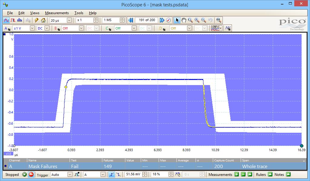 esistenti e importare ed esportare maschere come file. Misurazioni automatiche PicoScope consente di visualizzare una tabella di misurazioni calcolate per la risoluzione dei problemi e l'analisi.