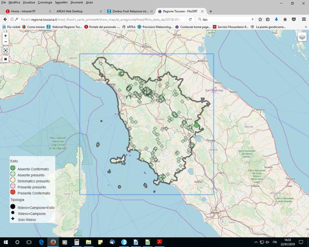 Punti ispezionati in boschi, parchi e giardini Per il monitoraggio di Phyitophthora ramorum è stato utilizzato il nuovo applicativo FitoSirt esaminando con maggiore frequenza le aree ritenute