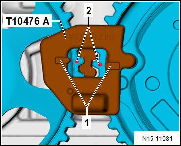 Quando l'attrezzo -T10476A- è inserito, i contrassegni -2- posti sugli ingranaggi di