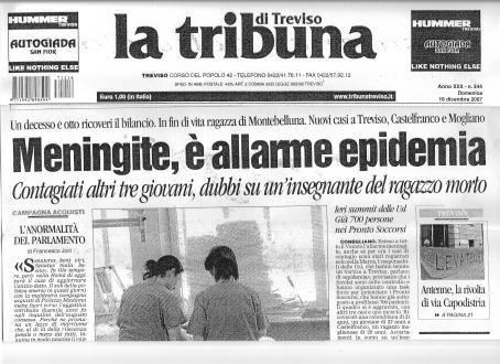 Cluster epidemico 2007 Nella provincia di Treviso a dicembre del 2007 si è verificata un cluster epidemico di