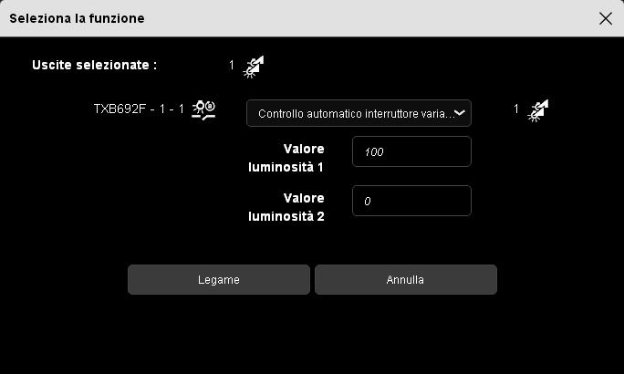 - Automatismo variazione interruttore: permette di far variare la luce tramite l'automatismo in base a due diversi valori di luminosità predefiniti a seconda che il contatto d'ingresso sia aperto o