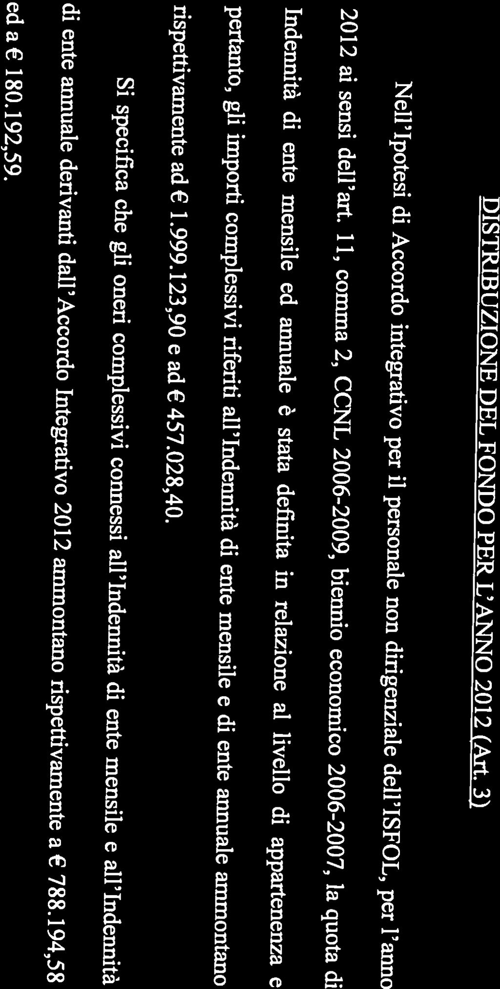 Nell Ipotesi di Accordo integrativo per il personale non dirigenziale dell ISFOL, per l anno DISTRIBUZIONE DEL FONDO PER L AI ÌSIO 2012 (Art. 3) ISFO I. 43, comma 2, lettera b) del CCNL 1994-1997.