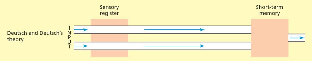 Deutsch and Deutsch (1967) Tutti gli stimoli vengono analizzati Il filtro è collocato dopo, prima della risposta Lo stimolo più rilevante determina la