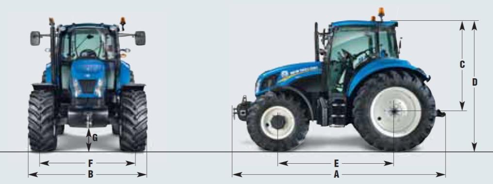 NEW HOLLAND T5.95 PS CAB A Lunghezza totale mm 4.161 B Larghezza minima mm 1.913 C Altezza da centro assale post. a tetto cabina mm 1.940 D Altezza minima totale mm 2.