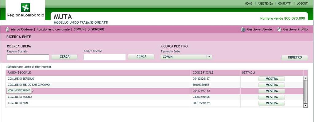 MUTA, seleziona Gestione profilo e cerca l ente