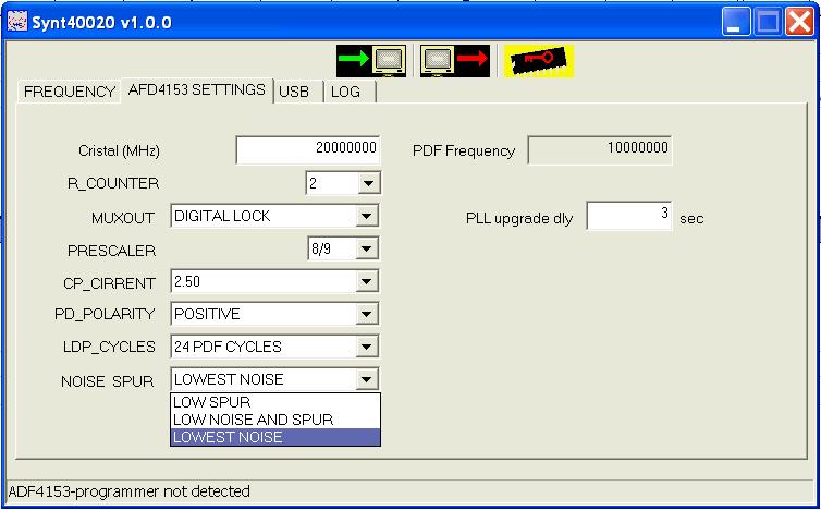 La pagina ADF4153 SETTINGS permette di modificare tutti i parametri del PLL, anche se, per il corretto funzionamento, CRISTAL, PRESCALER e PD_POLARITY devono contenere il valore di default.