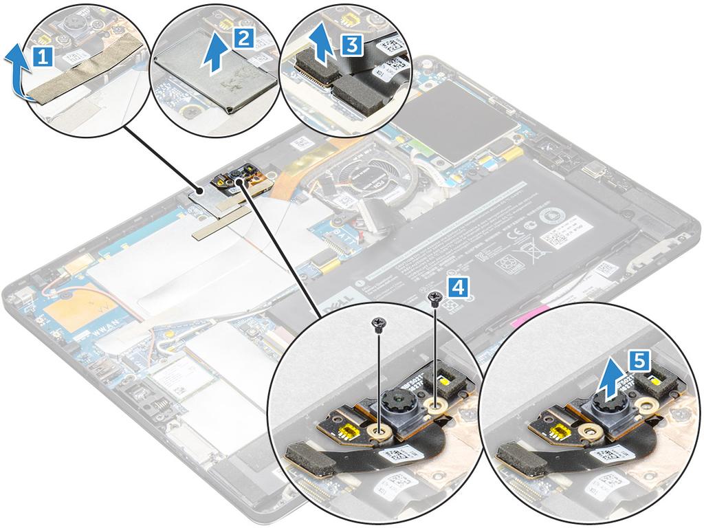 Rimozione della fotocamera anteriore 1 Seguire la procedura descritta in Prima di effettuare interventi sui componenti interni del tablet. 2 Rimuovere: a b Scheda micro-sim e/o microsd N.B.