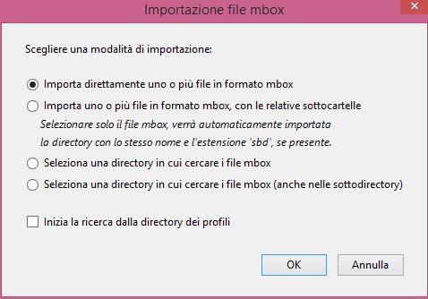 Confermare l importazione di uno o più file mbox selezionandolo/i dal percorso dove è stato precedentemente decompresso