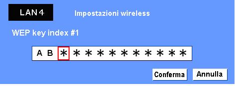 Uso del tipo di protezione WEP 1. Utilizzare i pulsanti di puntamento ed per selezionare il tipo di protezione WEP. 2. Selezionare WEP Key index.