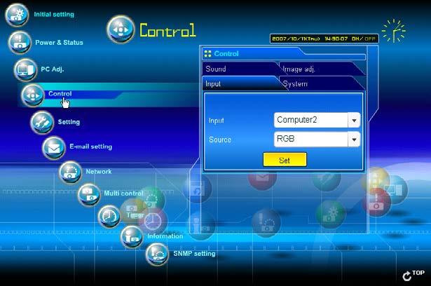 Per ulteriori informazioni sui singoli elementi di controllo, consultare il manuale d uso del proiettore. Ingresso Questa funzione consente di selezionare le modalità Input e Source del proiettore.