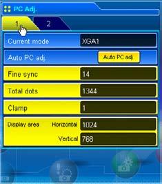 Capitolo 7 Controllo del proiettore Regolazione PC Fare clic su PC Adj. sul menu principale.