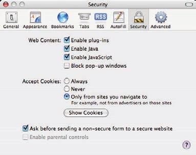 Impostazione del browser Web Esempi: sistema operativo/browser MAC OS X versione 10.