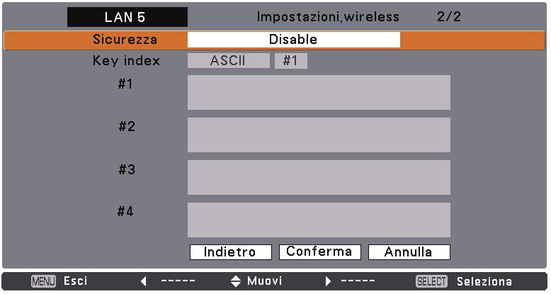 Capitolo 5 Configurazione LAN wireless Configurazione delle impostazioni di protezione mediante il proiettore Per configurare le impostazioni di protezione con il proiettore, attenersi alla seguente