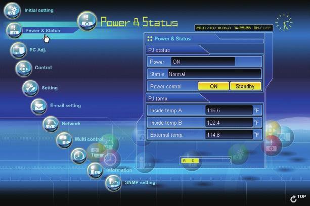 Capitolo 7 Controllo del proiettore Controllo e stato di alimentazione del proiettore Fare clic su Power & Status sul menu principale. Viene visualizzata la pagina di controllo.