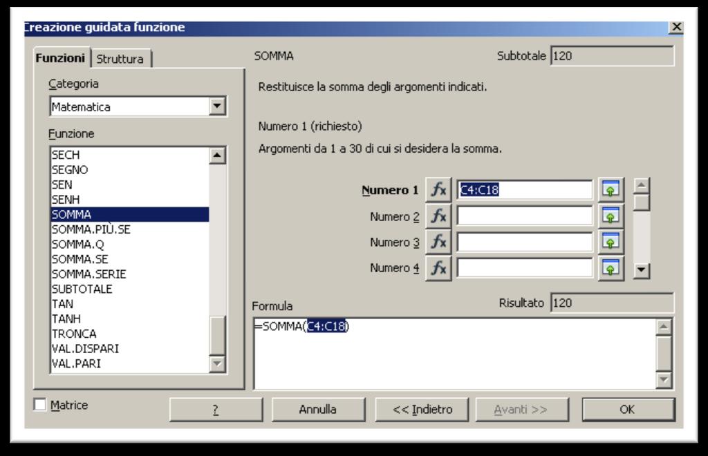 Z49)/A5 Esempio 4 - - la differenza tra la cella Z50 e Z49 moltiplicato per la somma di A5 e A6: =(Z50- Z49)*(A5+A6) Funzioni Selezionare una cella vuota pulsante Creazione guidata funzione (oppure