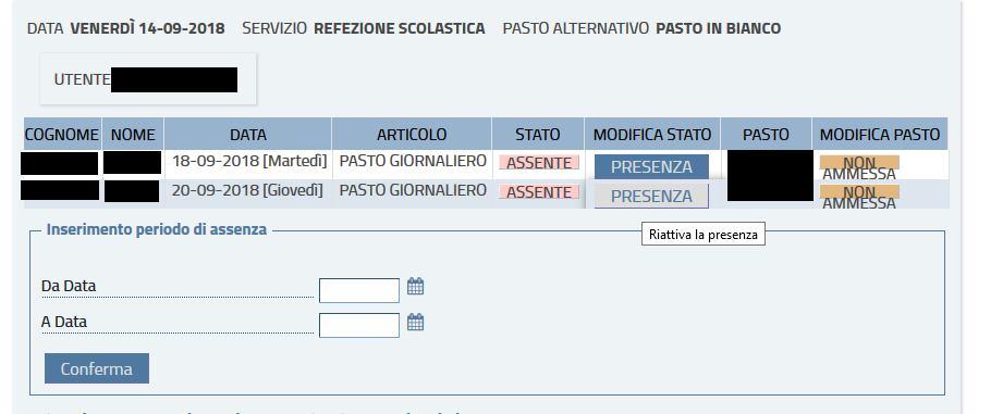 E sufficiente indicare la data di inizio e la data di fine dell assenza del bambino, il sistema calcolera i pasti che verranno disdettati nell intervallo comunicato.