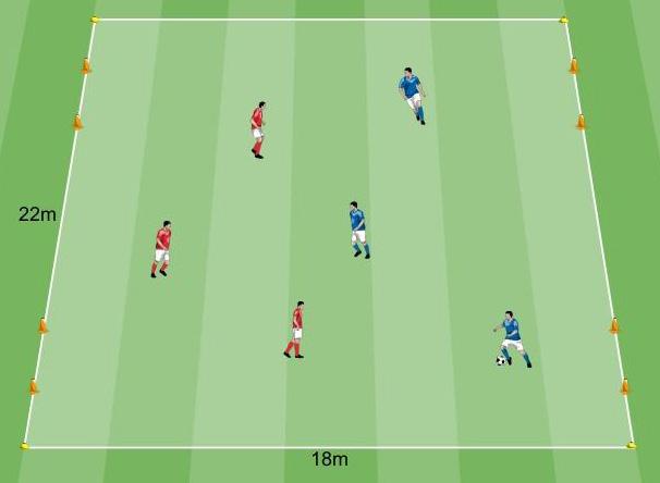 TORNEO TORNEO 22x18 metri 1 metro 6 giocatori Partita CFT 3 contro 3 Si svolge una partita a 4 porte con due squadre di 3 giocatori ciascuna.