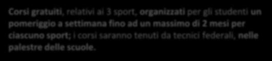 Valori Attività sportiva Progetto in sintesi Settimane di sport Per tre settimane una per ogni sport - in orario curriculare, l insegnante di Educazione fisica, sarà affiancato dai Tecnici federali.