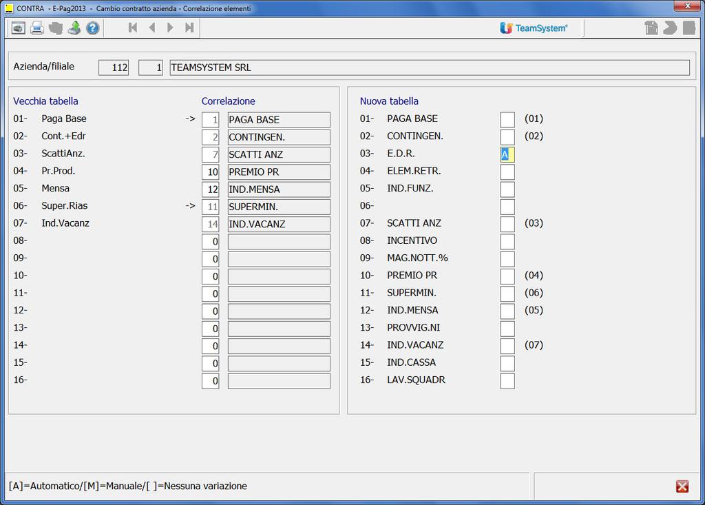 Archivi di base Anagrafiche e gestioni CONTRA Correlazione descrizioni cedolino Nella sezione Vecchia tabella vengono evidenziati con una freccia gli elementi in corrispondenza dei quali nella scheda