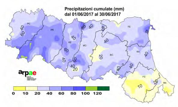 Piogge inferiori al 75 % delle attese si stimano anche in gran parte del riminese e in aree di collina e pedecollina del bolognese in confine con la provincia di Modena.