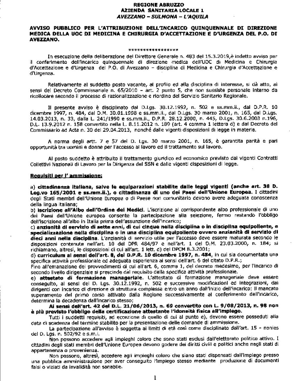 Pag. 4 Bollettino Ufficiale della Regione Abruzzo Anno XLIX - N. 76 Speciale (10.05.2019) PARTE II Leggi, Regolamenti, Atti della Regione e dello Stato AVVISI, CONCORSI, INSERZIONI ASL N.