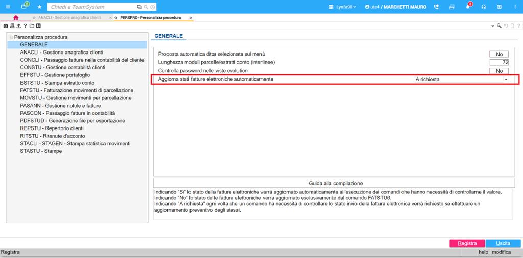 Personalizzazione procedure PERSPRO In PERSPRO, bottone Parametri Parcellazione folder Generale è stato inserito un nuovo parametro Aggiorna fatture automaticamente che permetterà in base alla scelta