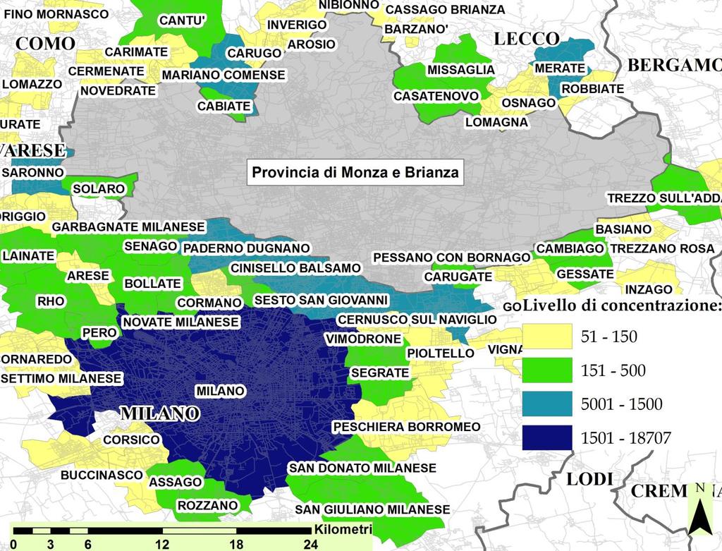 Milano e i comuni del nord dell'hinterland del capoluogo sono i centri di maggiore attrazione (blu