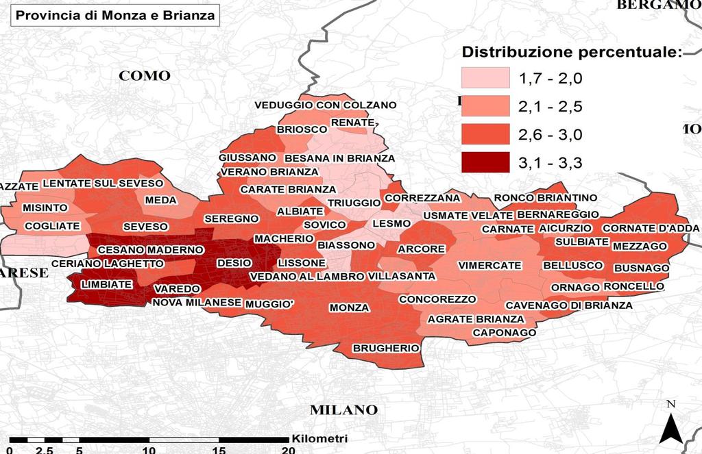 Limbiate, Cesano Maderno e Desio sono i comuni in cui il numero di DID è più elevato rispetto alla popolazione.
