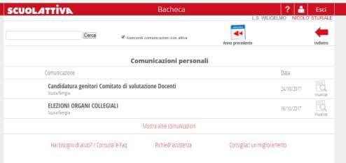 BACHECA Nella sezione bacheca vengono visualizzate le comunicazioni del Dirigente che ne stabilisce anche il periodo di visualizzazione.