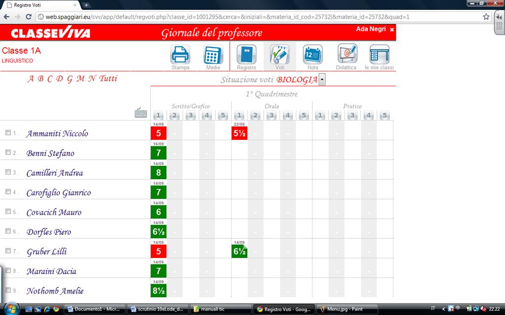 selezionare la Data: il sistema propone la data corrente; 3. selezionare il Voto; 4.