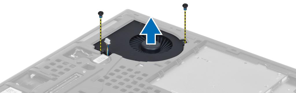 Rimozione della ventola del processore 1. Seguire le procedure descritte in Prima di effettuare interventi sui componenti interni del computer. 2. Rimuovere: a. batteria b.