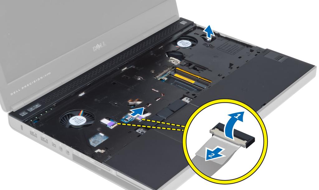 5. Capovolgere il computer e scollegare i cavi seguenti dalla scheda di sistema. a. scheda dei controlli multimediali b. altoparlanti c.