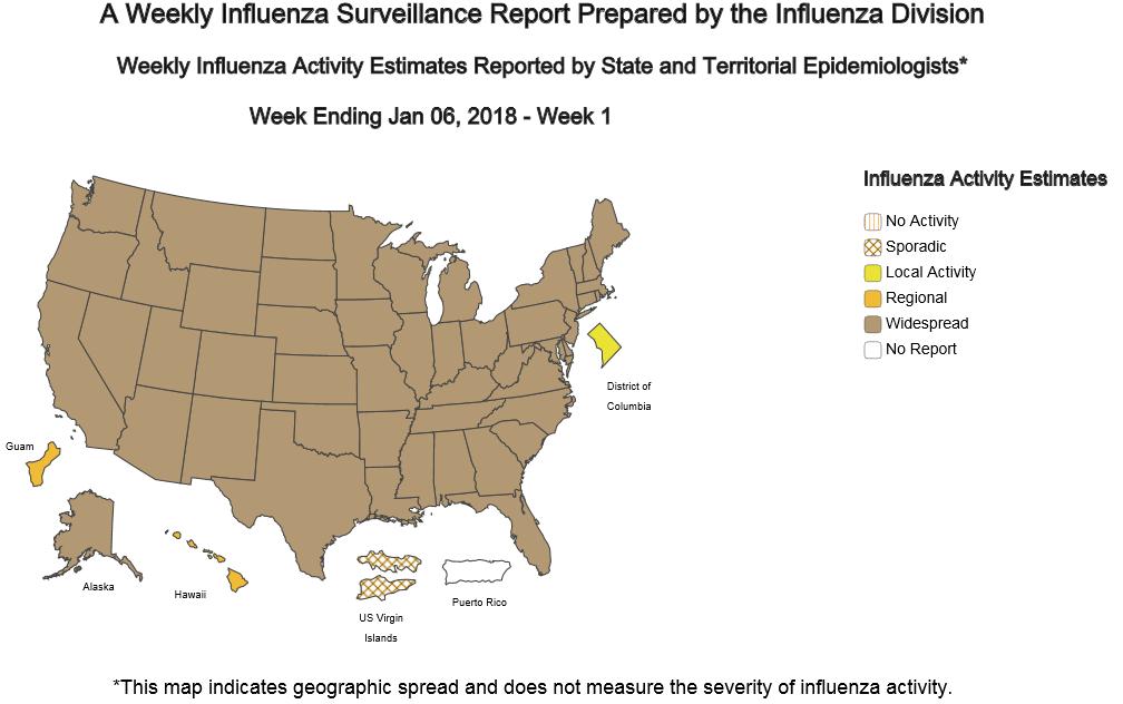 USA In tutti gli Stati Uniti, la circolazione dei virus influenzali risulta in aumento, come evidenziato nella mappa sottostante, aggiornata al 6 gennaio 2018.