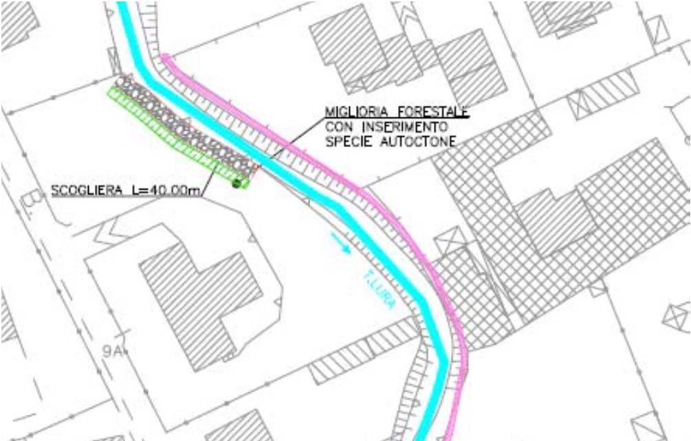 Azione 1 Riqualificazione spondale sul torrente Lura (tratto tra via Benedetto Croce e via XX Settembre) Il progetto prevede il prolungamento del percorso manutentivo esistente in sponda sinistra del