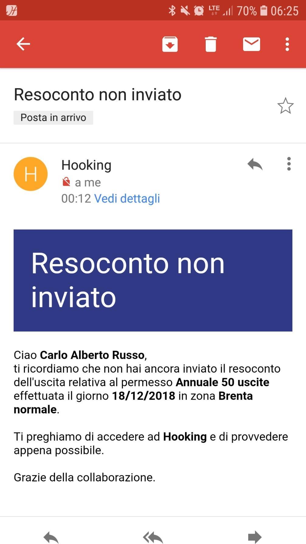 SOLLECITO INVIO RESOCONTO VIA MAIL In caso di mancato invio del resoconto relativo ad una giornata di pesca,