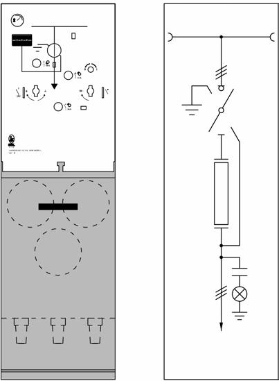 F Scomparto protezione trasformatore Transformer protection module Dimensioni: (xhxp): 350x1200x718mm Dimensions: (WxHxD): 350x1200x718mm Vista frontale Front view Schema unifilare One-line diagram