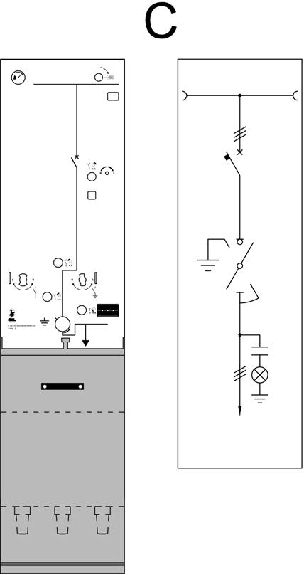 C Scomparto interruttore Circuit breaker module Dimensioni: (xhxp): 350x1500x718mm Dimensions: (WxHxD): 350x1500x718mm Vista frontale Front view Schema unifilare One-line diagram Accessori: Manometro
